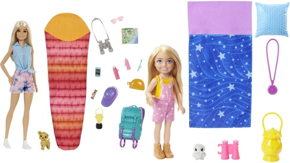 Barbie Doll and Accessories, Camping Doll with Pet Puppy and 10+ Accessories Camping Playset + Chelsea Doll (6 in, Blonde), Pet Owl, Sleeping Bag, Binocu U566465