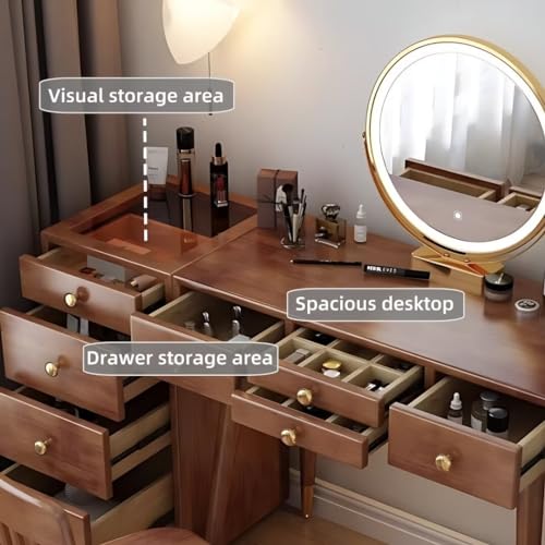 Walnut Color Solid Wood Makeup Vanity Desk with Mirror and LED Lights G60609