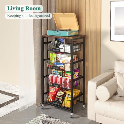 4-Tier Rolling Storage Cart with Pull-Out Baskets and Wood Top K927079
