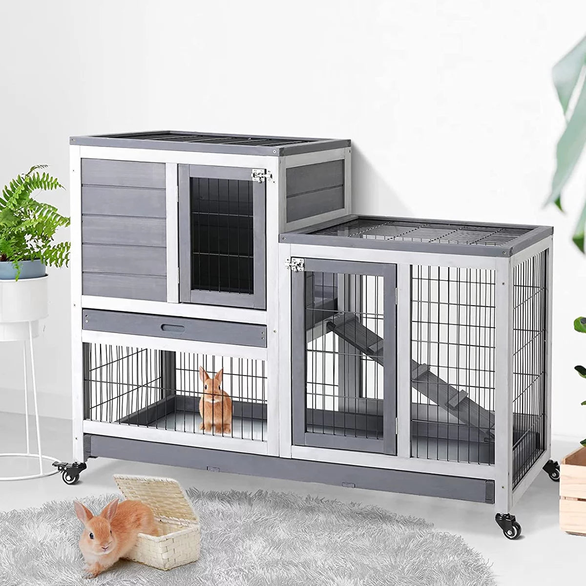 43 Inch Wood Rabbit Hutch with Wheel and 2 No Leak Tray E299935