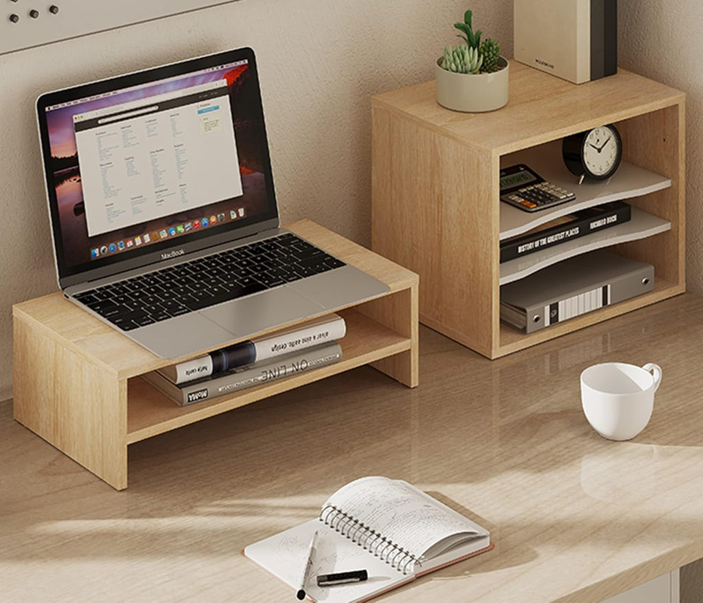 2-Tier Monitor Stand & 4-Tier Desk Paper Sorter Organizer, Light Wood V840