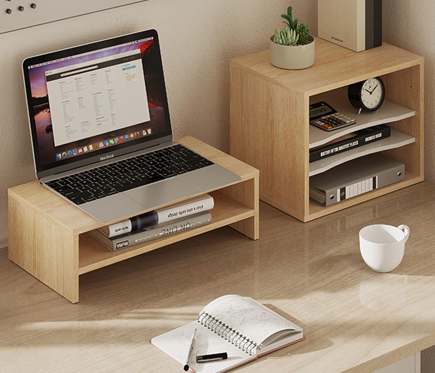 2-Tier Monitor Stand & 4-Tier Desk Paper Sorter Organizer, Light Wood V840