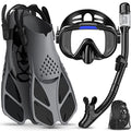 4 in 1 Snorkel Set with Panoramic View Diving Mask, Dry Top Snorkel, Fins and Travel Bag E8015