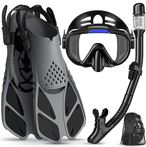 4 in 1 Snorkel Set with Panoramic View Diving Mask, Dry Top Snorkel, Fins and Travel Bag E8015