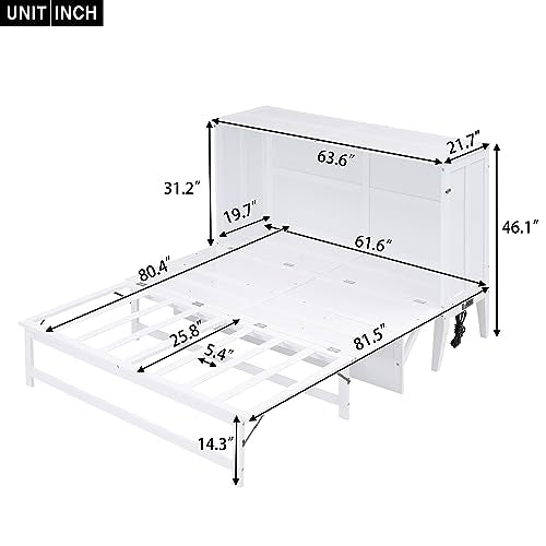 White Queen Size Murphy Bed with Bookcase I5350