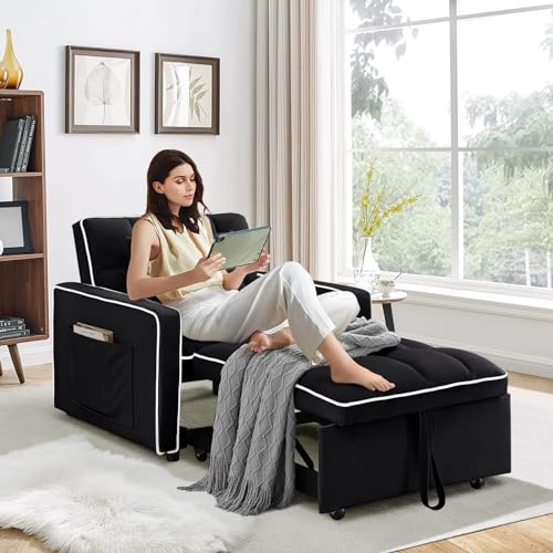 Beige Velvet Convertible Chair Bed O65436