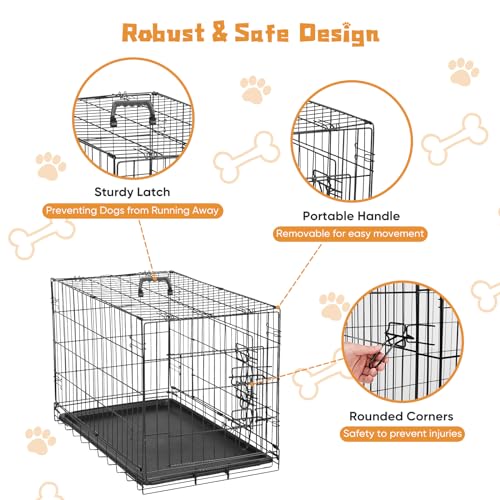 36 Inch Double Door Metal Dog Crate with Divider Panel and Plastic Leak-Proof Pan Tray L39563