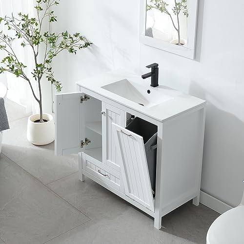 White 36" Bathroom Vanity with Sink and Laundry Hamper, 2 Doors, 1 Drawer C2910
