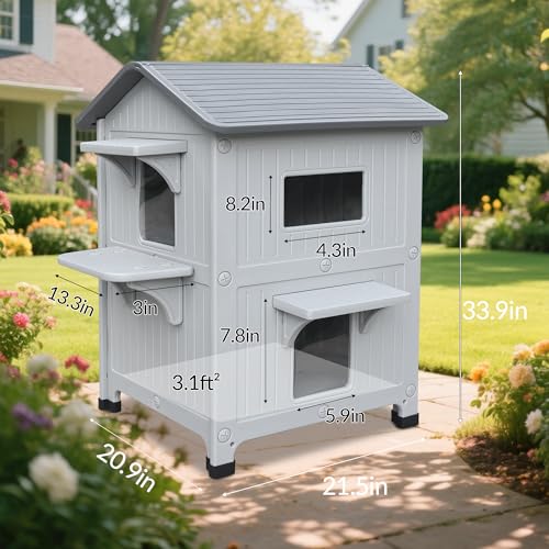Grey Plastic 2 Story Elevated Cat Shelter with Escape Door P4525