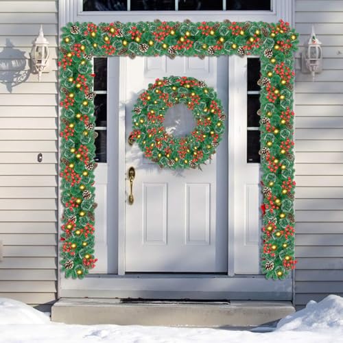 9Ft Pre-lit Christmas Garland with LED Lights Battery Operated, Decorated with Red Flower, Balls, Berries, Snowy Pine B93904