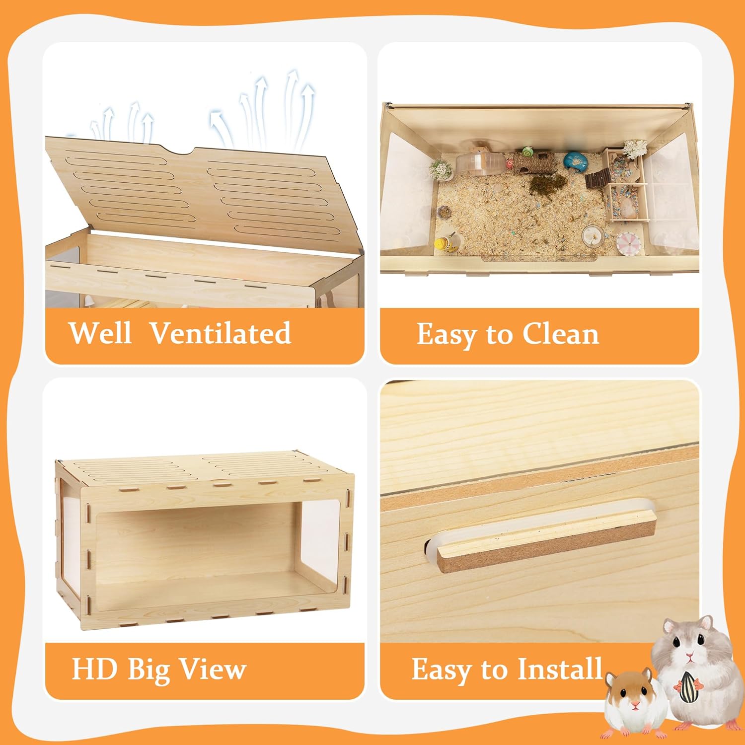 40" Large Wooden Hamster Cage with Acrylic Sheets H2853
