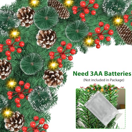 9Ft Pre-lit Christmas Garland with LED Lights Battery Operated, Decorated with Red Flower, Balls, Berries, Snowy Pine B93904