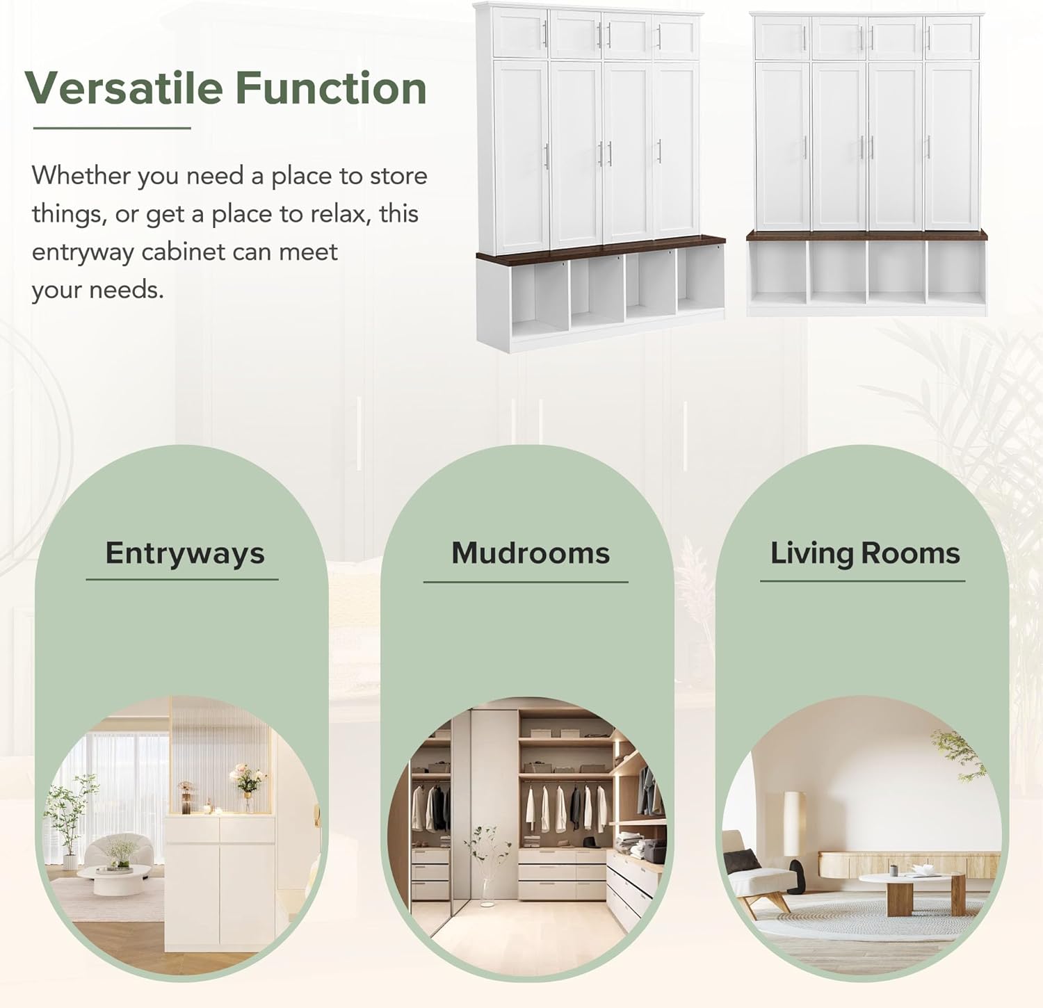 White Wide Entryway Hall Tree with Storage Bench & Shoe Cube Storage, 8 Cabinets, Coat Rack H676148