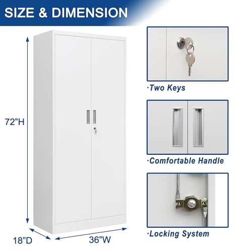 Metal Storage Cabinet with 2 Doors and 5 Adjustable Shelves, 71” White Locking Steel Tool Cabinet B7727