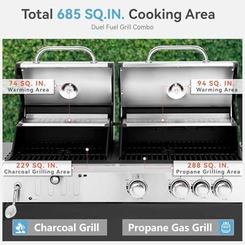 3 Burner Propane Gas and Charcoal Grill Combo with Side Burner, 37,000 BTUs 685 SQIN Dual Fuel Outdoor BBQ Grill F986302