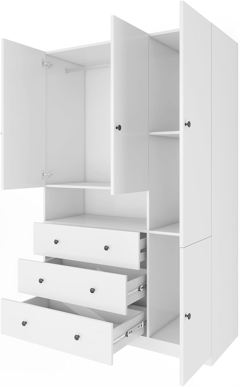 White 3-Door Armoire Wardrobe with 3 Drawers and Hanging Rod T933