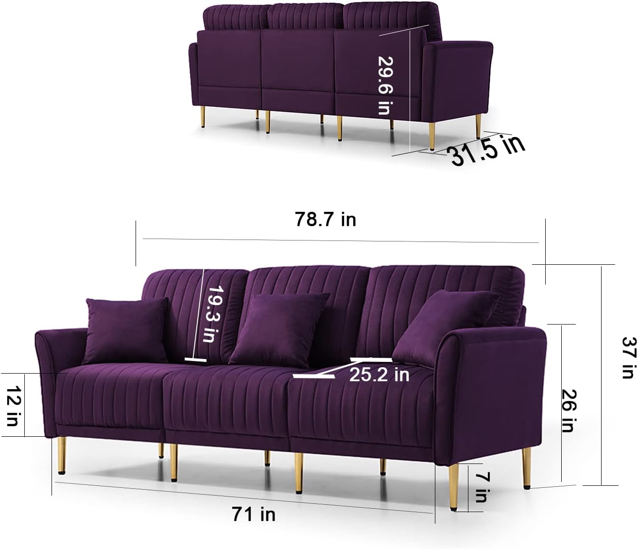 3-Piece Velvet Purple Sectional Sofa Set C9466