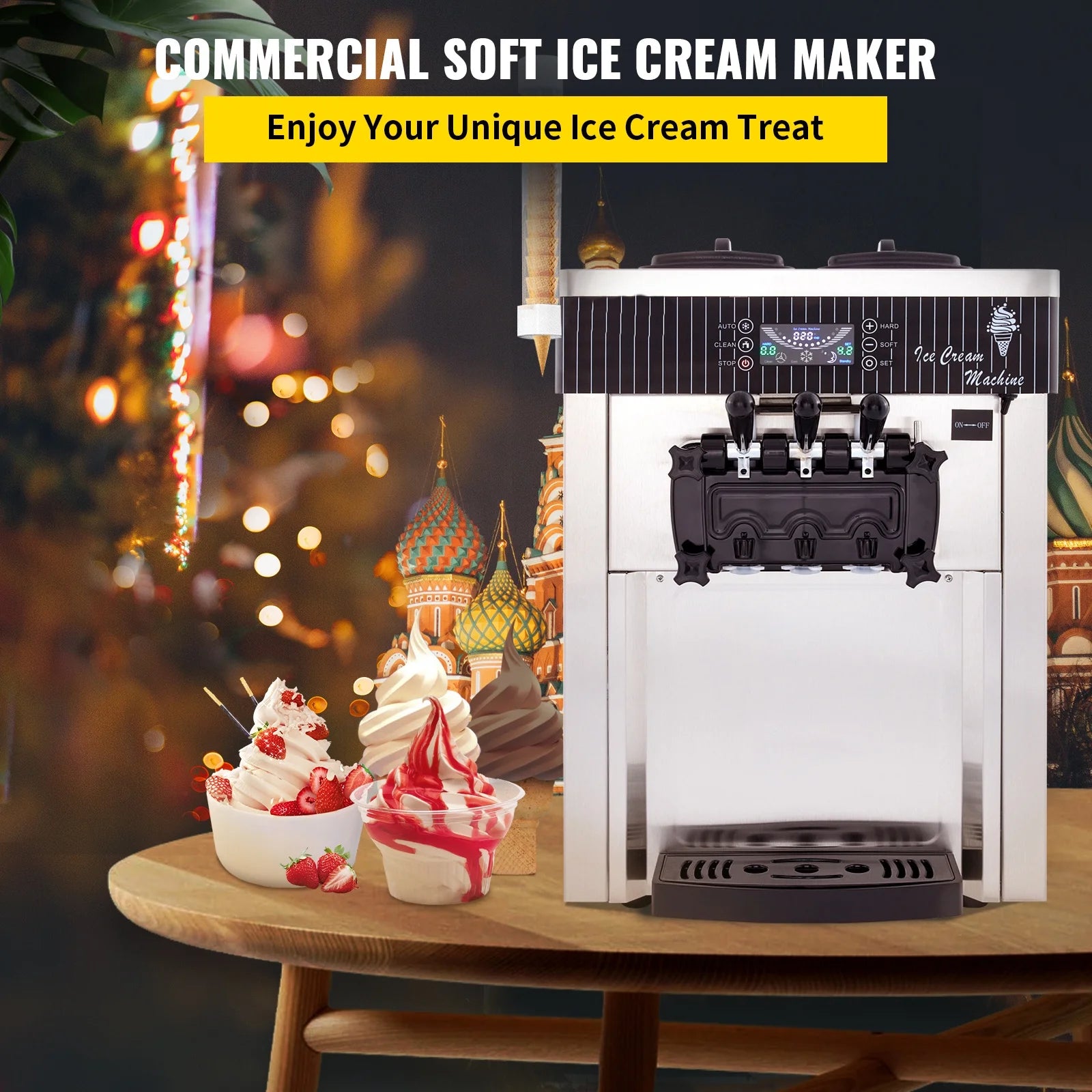 Commercial Ice Cream Machine 20-28L/H Soft Serve 3 Flavors 2200W Silver N9205