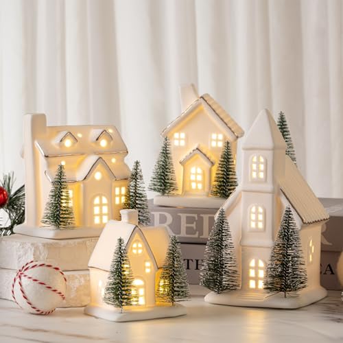 4 Pcs Ceramic Christmas Village Set LED Porcelain Houses with Trees White Snow Tabletop Decor K8007