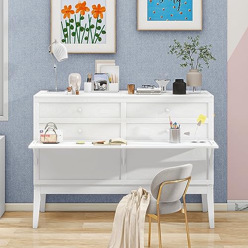 White Queen Size Murphy Bed with Bookcase I5350