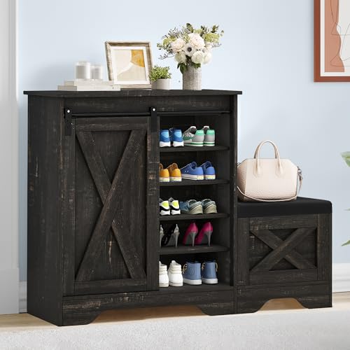 Dark Rustic Oak 5-Tier Shoe Cabinet with Sliding Door K6438