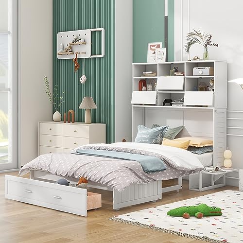 White Queen Size Murphy Bed with Bookcase and Drawer Z62488