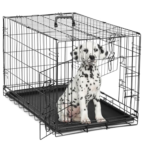 36 Inch Double Door Metal Dog Crate with Divider Panel and Plastic Leak-Proof Pan Tray L39563
