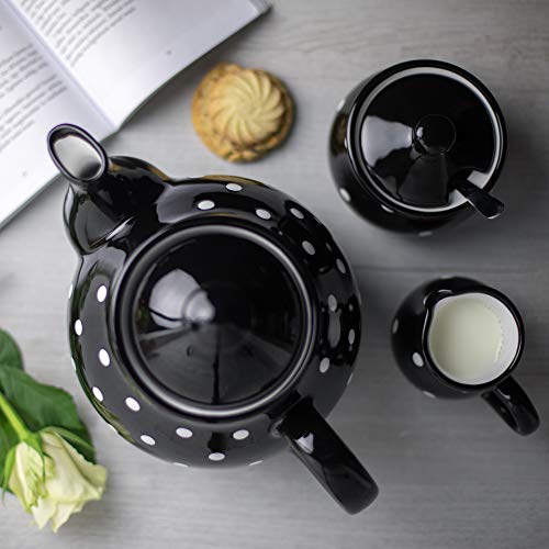 Black and White Polka Dot Large Ceramic 1.7l 60oz 4-6 Cup Teapot Milk Jug Sugar Bowl Set R30371