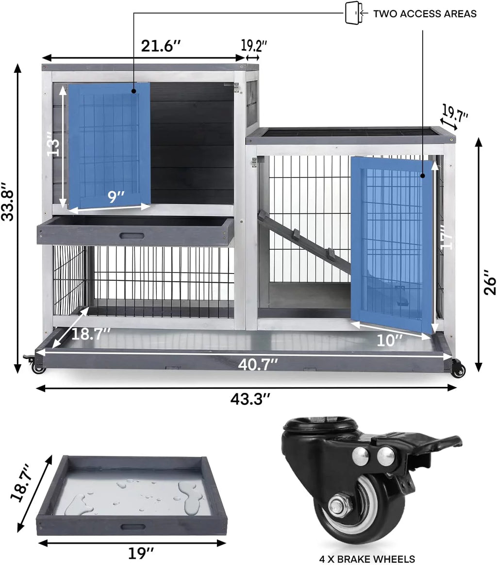 43 Inch Wood Rabbit Hutch with Wheel and 2 No Leak Tray E299935