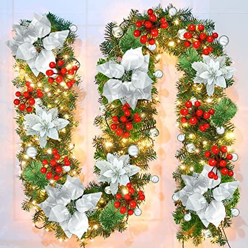 9Ft Pre-lit Christmas Garland with LED Lights Battery Operated, Decorated with Red Flower, Balls, Berries, Snowy Pine B93904