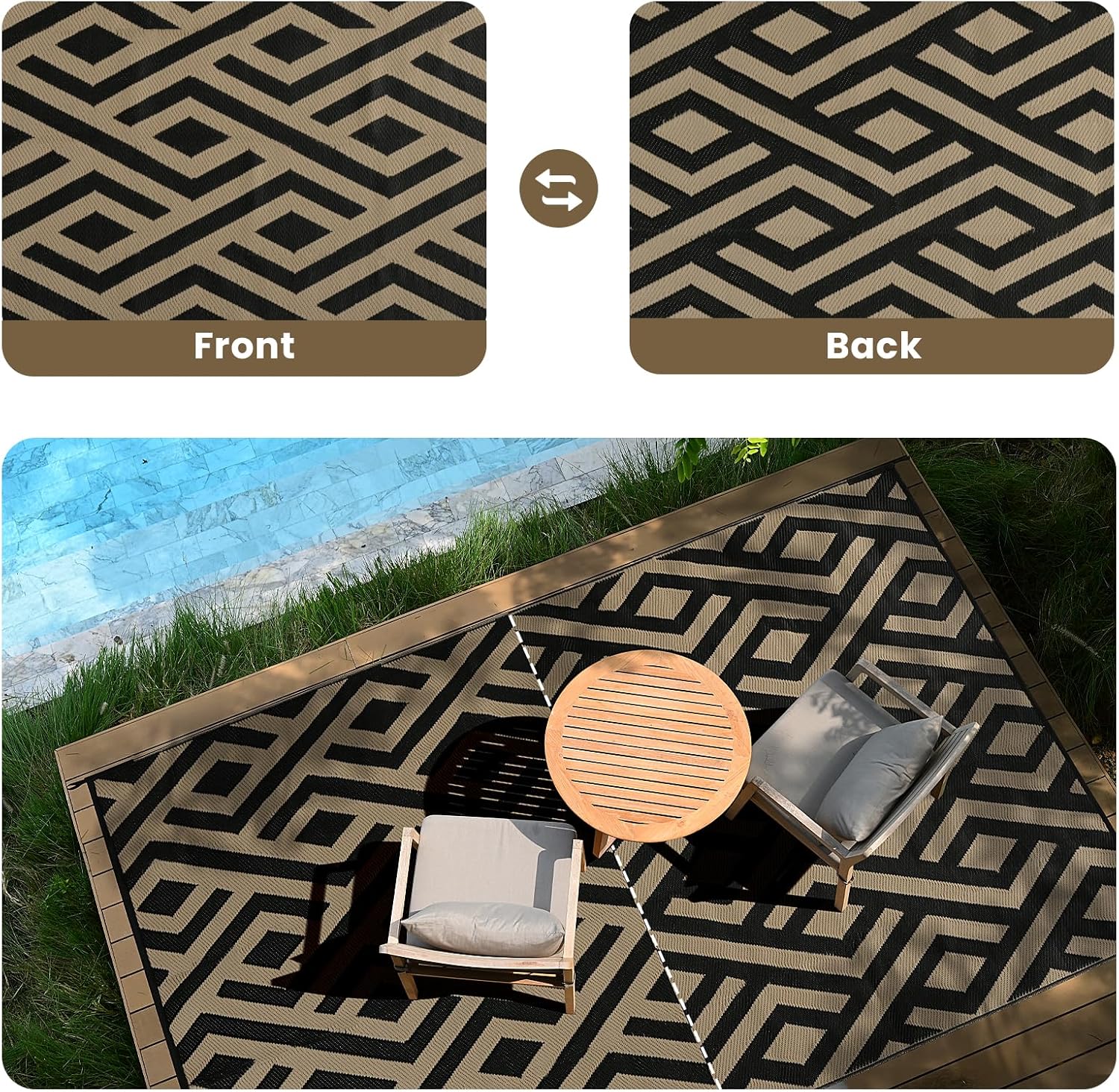 Black & Beige Outdoor Patio Rug with Carry Bag A16111