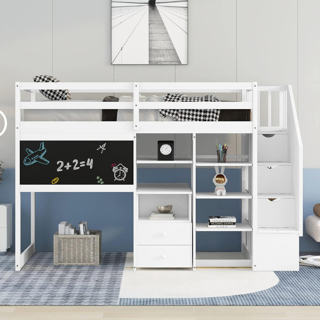 Twin Size Solid Wood Loft Bed with Stairs and Desk M3482