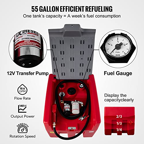 58 Gallon 10 GPM Diesel Fuel Tank with 12V Electric Transfer Pump and 13.1ft Rubber Hose H6634