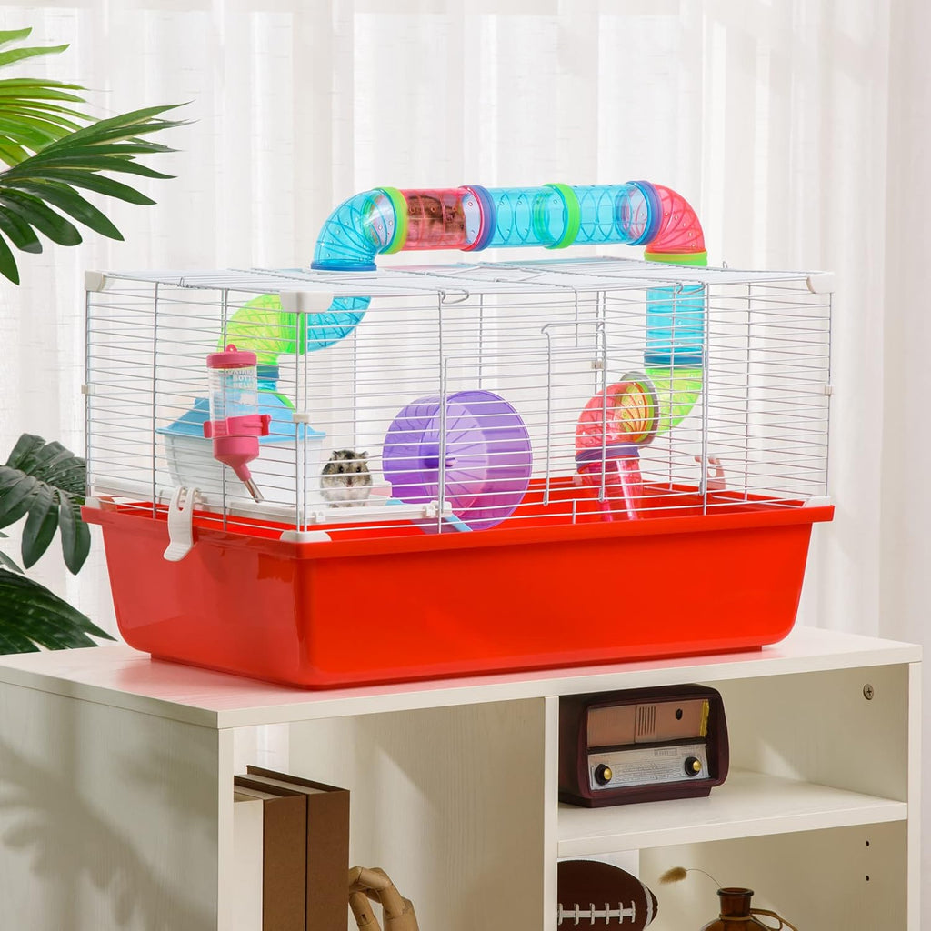 Large 2-Level Steel Hamster Cage with Tubes and Tunnels, Includes Exercise Wheel, Water Bottle, Food Dish, 23" x 14" x 14", Red I723