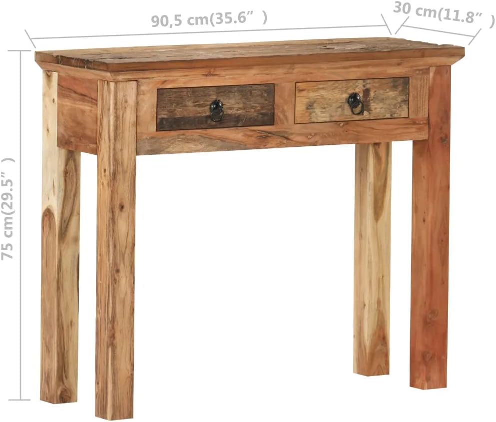 Rectangular Console Table with Solid Acacia Wood and Reclaimed Wood - Rustic Brown Hall Table with 2 Drawers - 35.6"x11.8"x29.5" C57257
