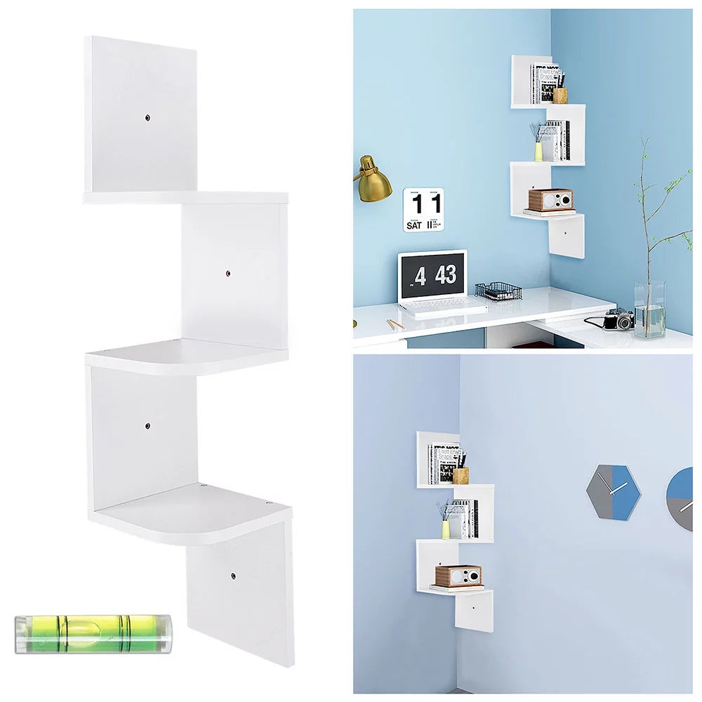 White 3 Tiers Zig Zag Floating Wall Mount Corner Shelf X541