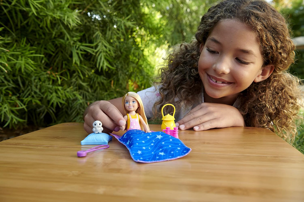 Barbie Doll and Accessories, Camping Doll with Pet Puppy and 10+ Accessories Camping Playset + Chelsea Doll (6 in, Blonde), Pet Owl, Sleeping Bag, Binocu U566465