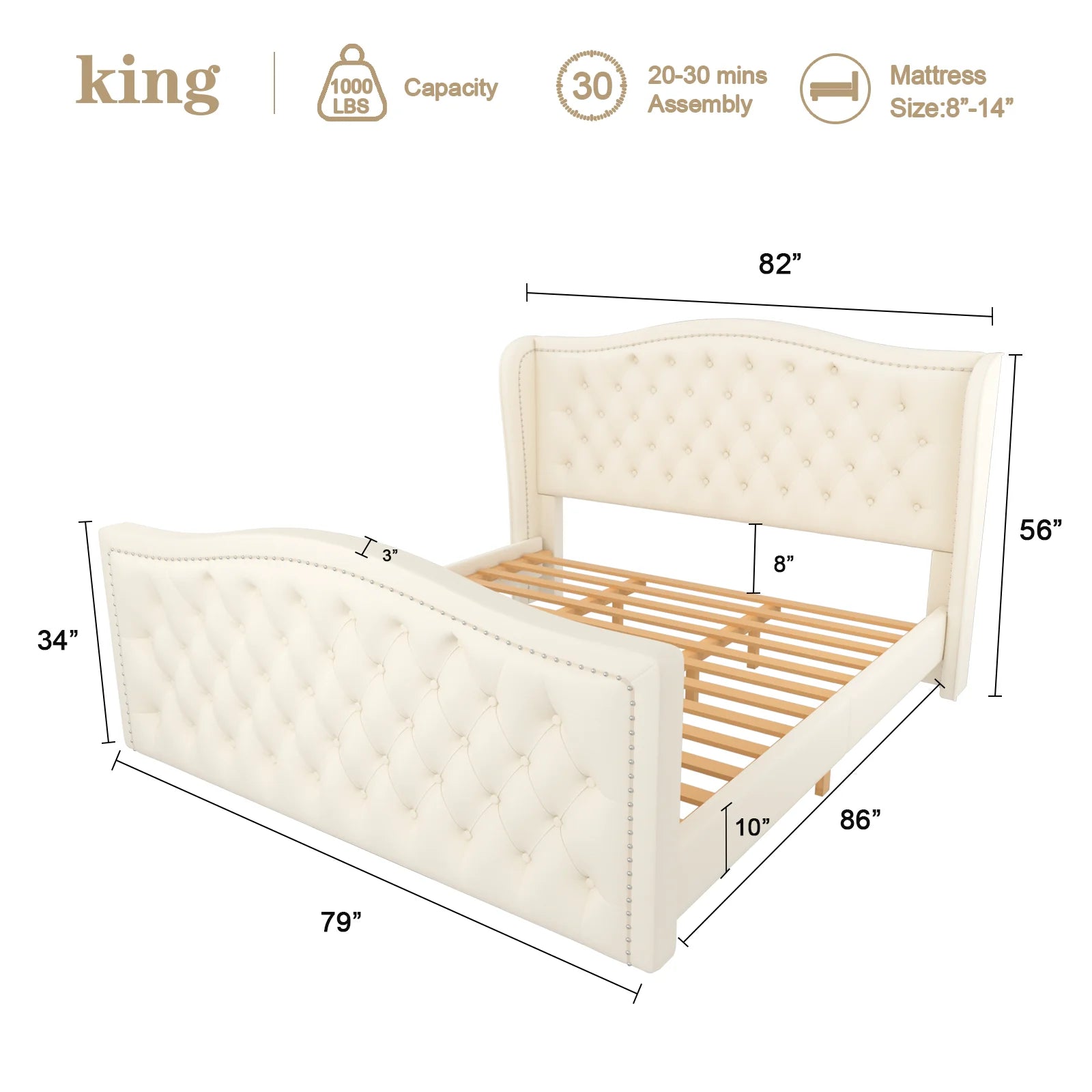 White Velvet Upholstered Tufted Platform Bed Frame V876