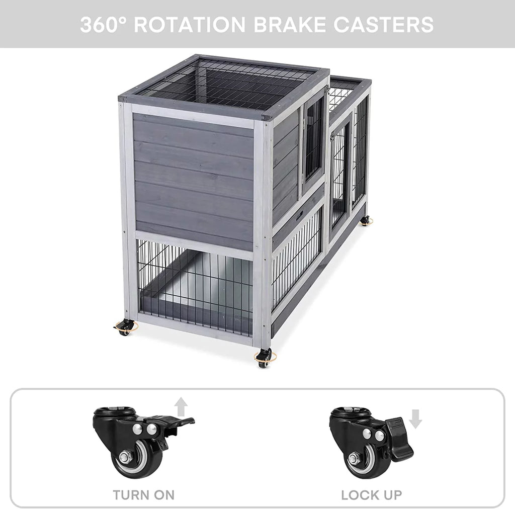 43 Inch Wood Rabbit Hutch with Wheel and 2 No Leak Tray E299935