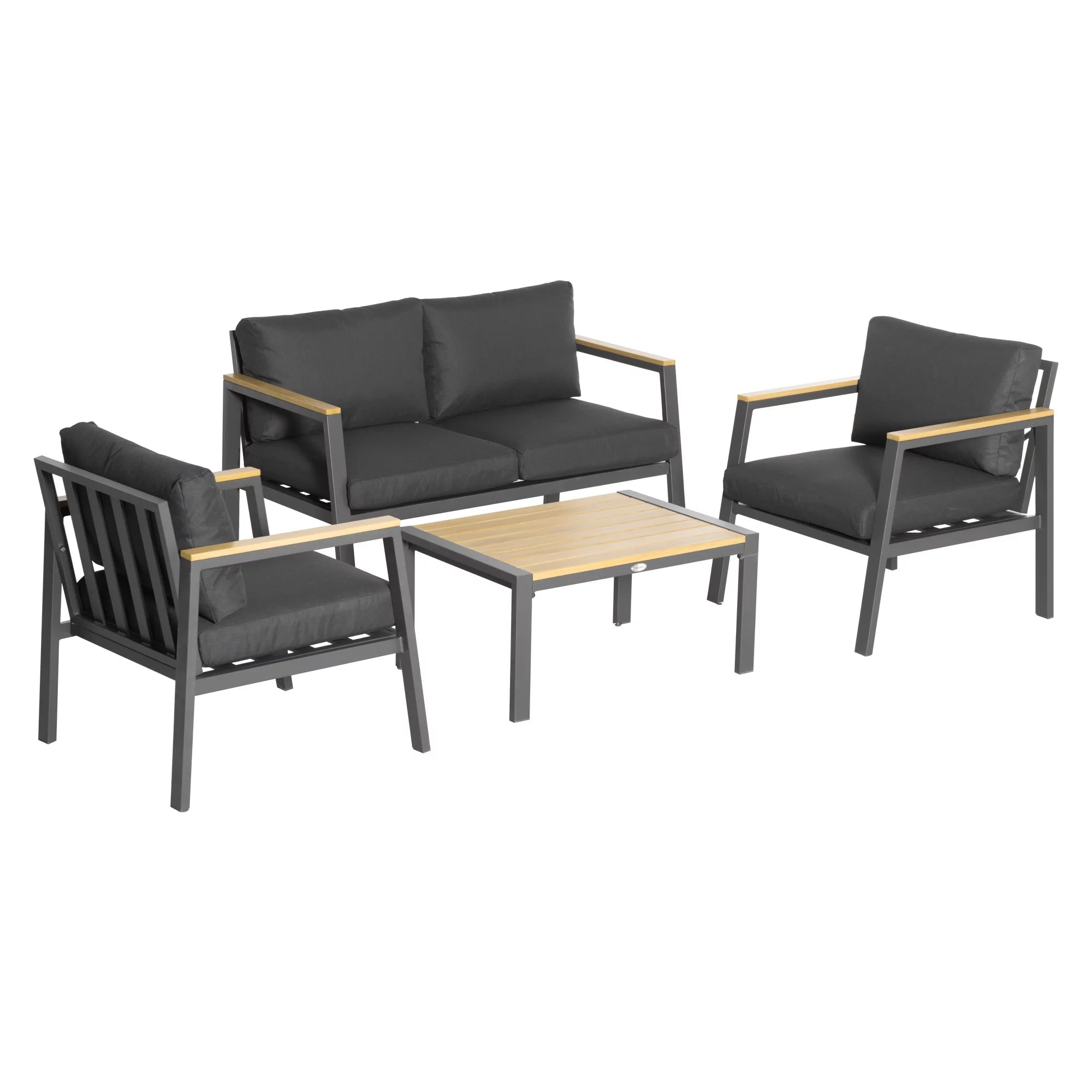 4 Piece Patio Furniture Set with 2 Armchairs, Loveseat Sofa, Center Coffee Table, Cushions, Dark Gray O752