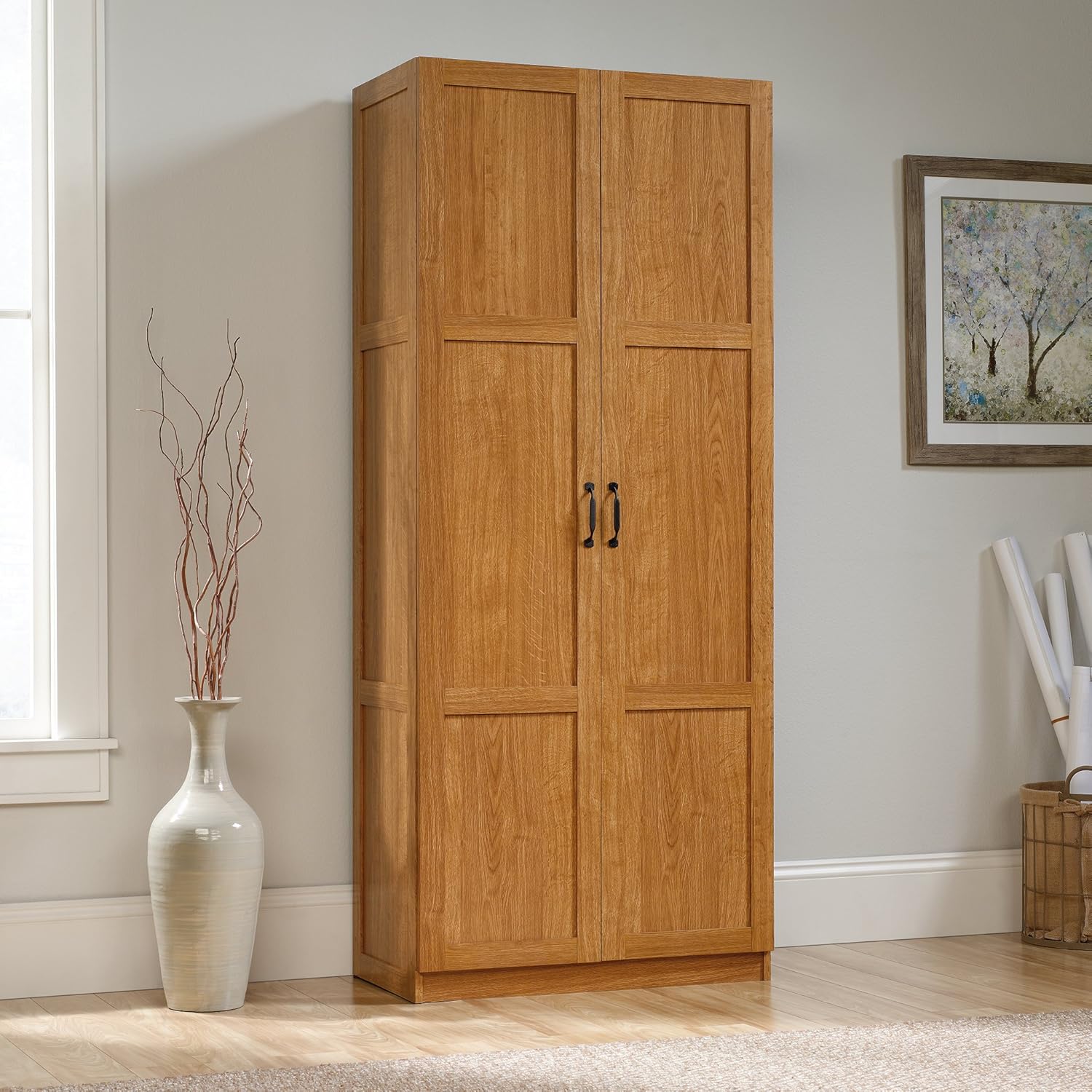 Highland Oak Pantry Cabinet and 5 Shelf Bookcase D171559