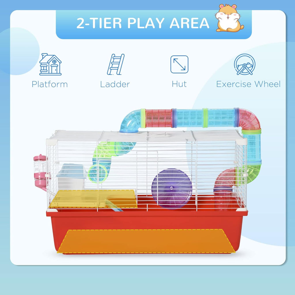 Large 2-Level Steel Hamster Cage with Tubes and Tunnels, Includes Exercise Wheel, Water Bottle, Food Dish, 23" x 14" x 14", Red I723