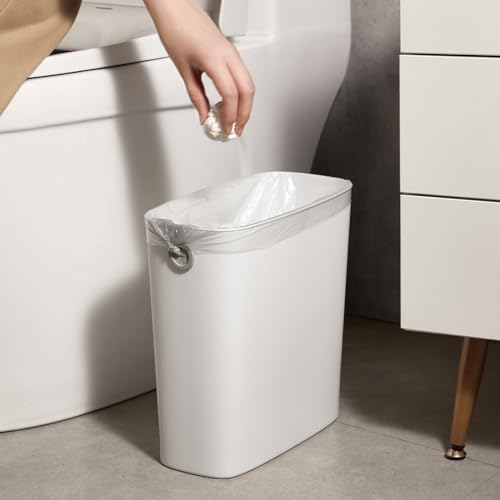 White 1.8 Gallon Slim Plastic Rectangular Trash Can with Trash Liner Holder Q268