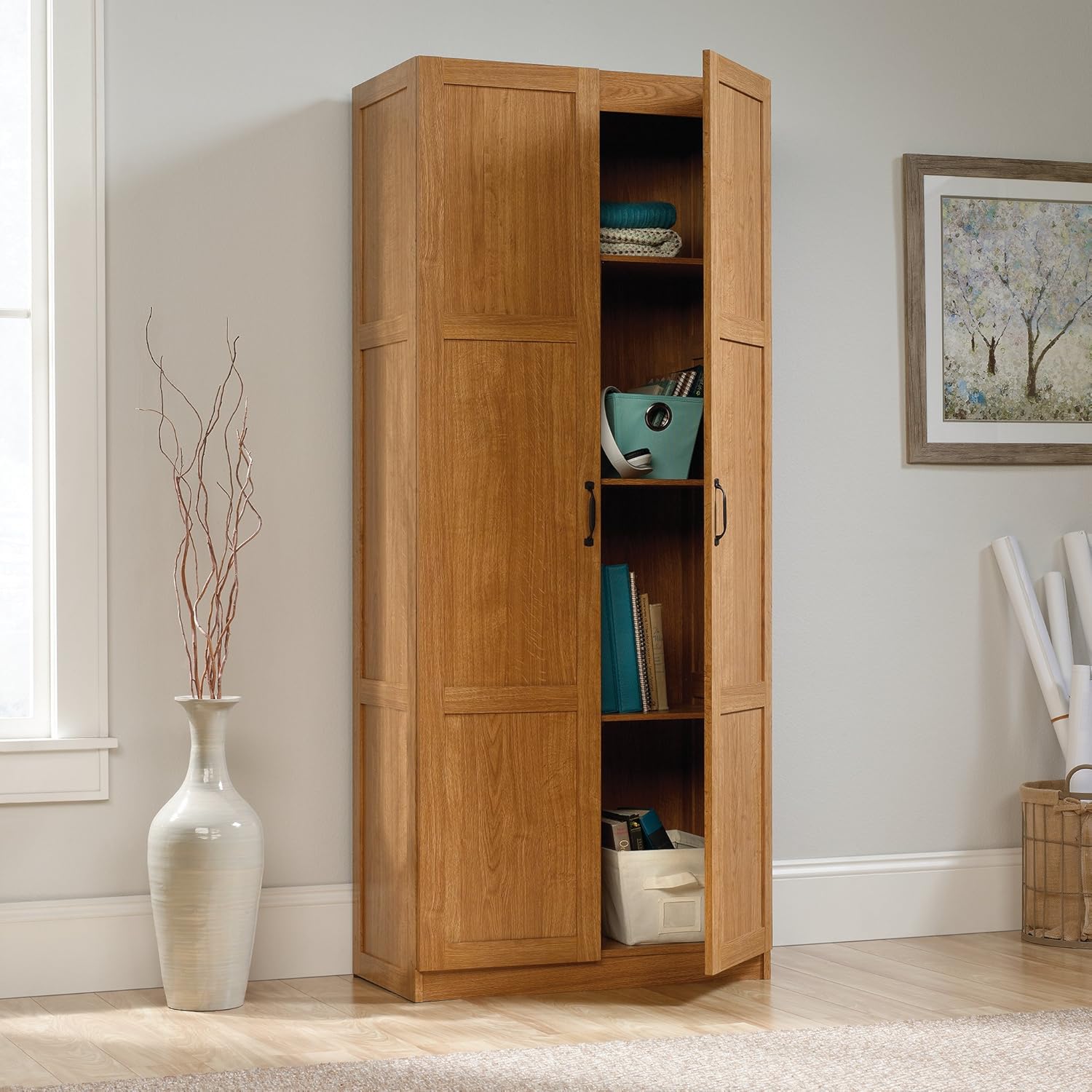 Highland Oak Pantry Cabinet and 5 Shelf Bookcase D171559