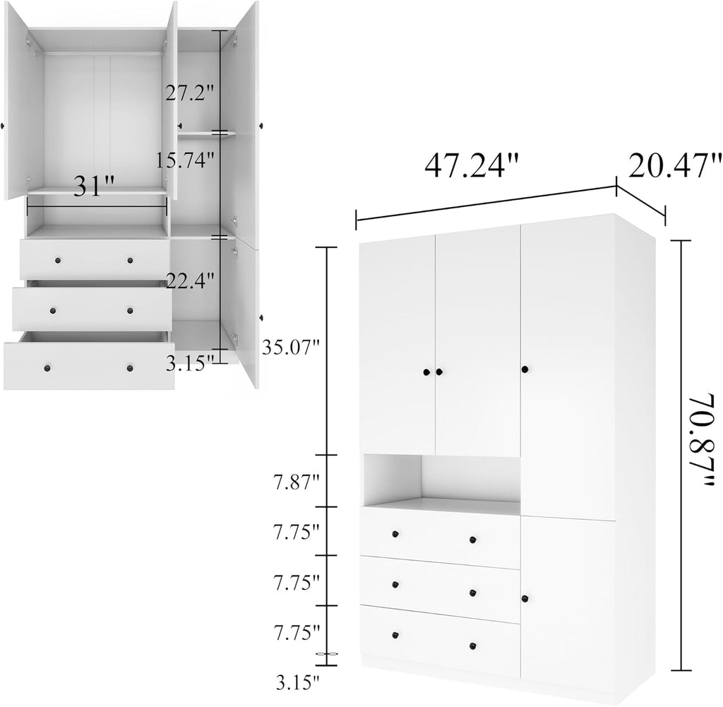 White 3-Door Armoire Wardrobe with 3 Drawers and Hanging Rod T933