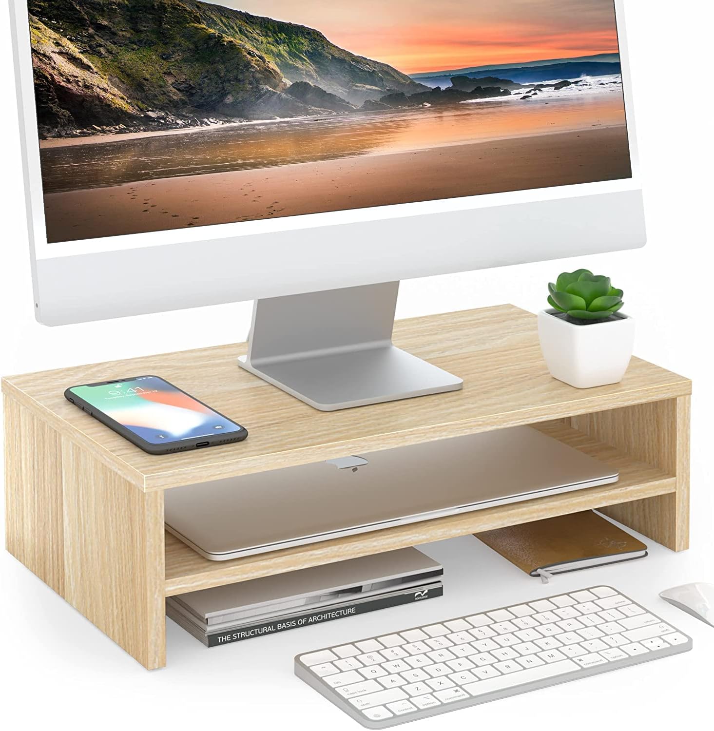 2-Tier Monitor Stand & 4-Tier Desk Paper Sorter Organizer, Light Wood V840