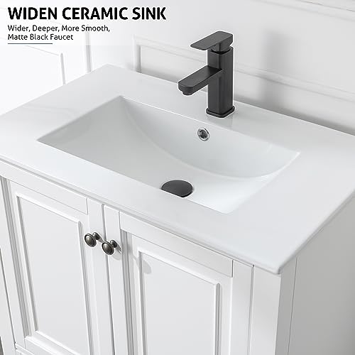 30" Bathroom Vanity Sink Combo with Painted Solid Wood Construction, Undermount Ceramic Sink with Matte Black Faucet & Drain, Pure White X237371