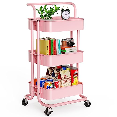 3 Tier Mesh Utility Cart with Handle and Lockable Wheels Black Y45861