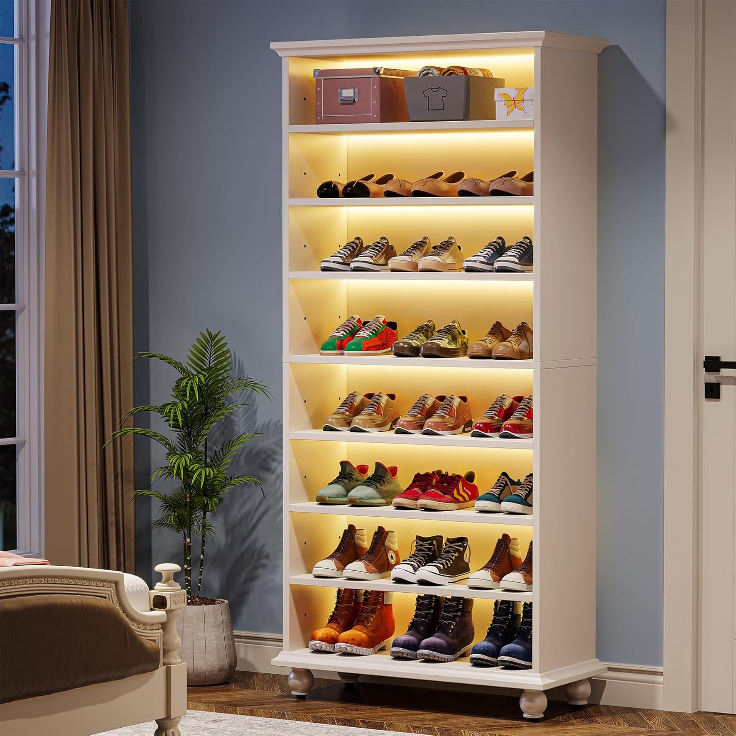 White 9-Tier 30 Pairs Shoe Storage Cabinet with Solid Wood Legs M80643