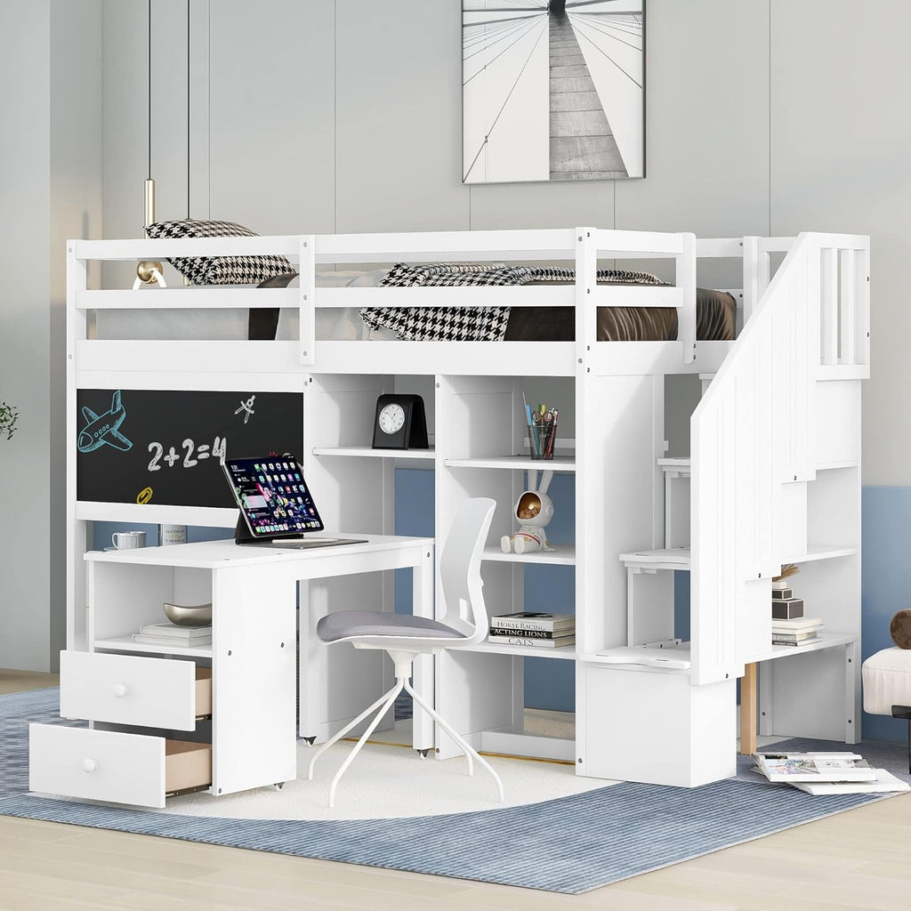 Twin Size Solid Wood Loft Bed with Stairs and Desk M3482